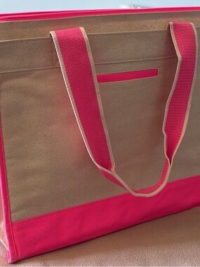 thirty-one Tan Canvas Tote with Pink Trim and Straps